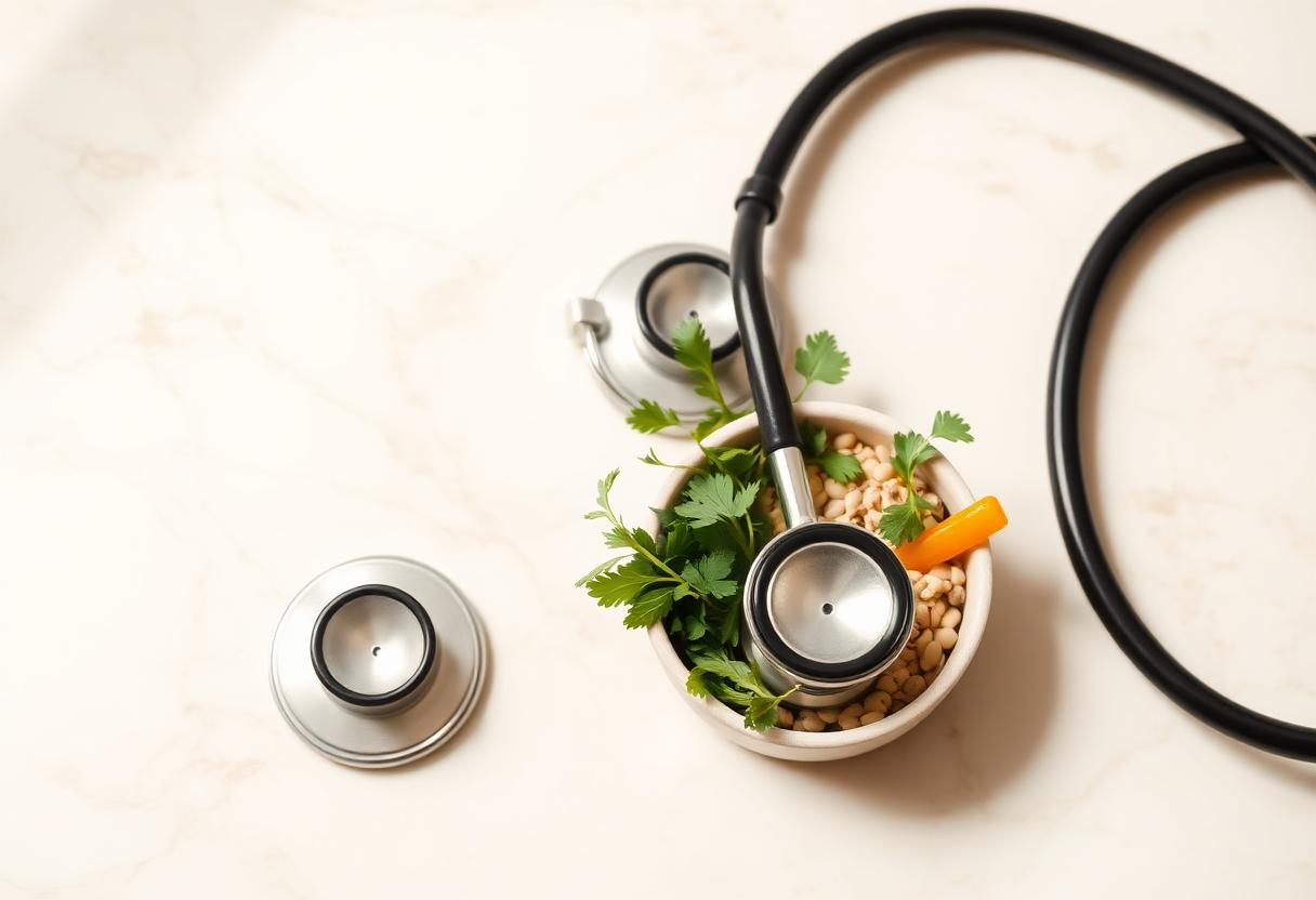 A stethoscope beside a small bowl of fresh whole foods, symbolizing where medicine meets nutrition at MEDVITA