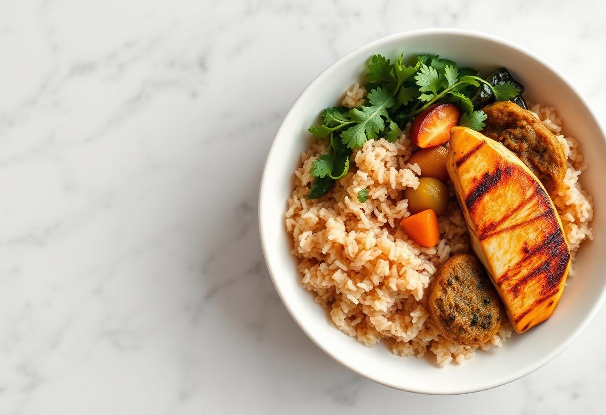 A clinically designed MEDVITA meal with brown rice, grilled fish, fresh greens and herbs