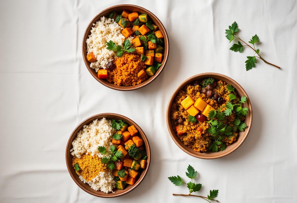 A flatlay of three MEDVITA meal bowls showing balanced nutrients, condition specific design, and lifestyle goal aligned portions